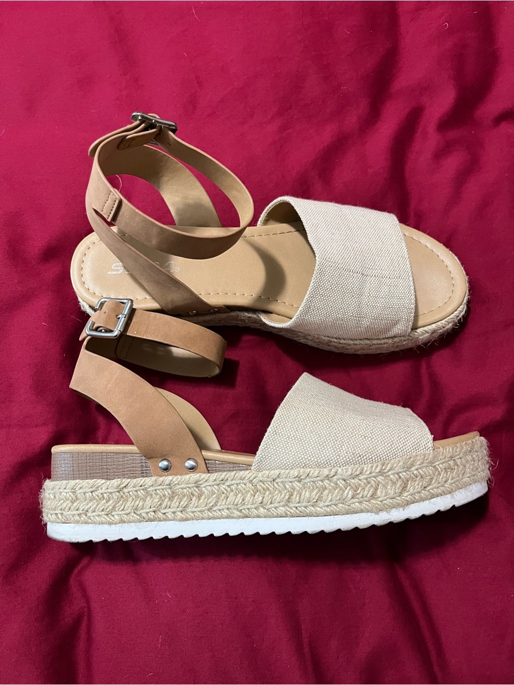 Womens Beige Espadrille Platform Sandals with Ankle Strap